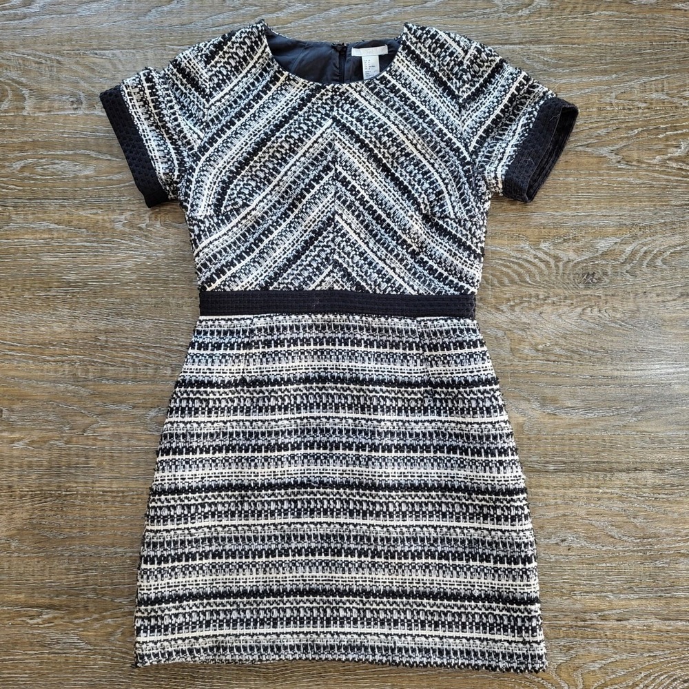 HM Womens Tweed Sheath Dress Size 8 Black White Gold Metallic Short Sleeve Mini